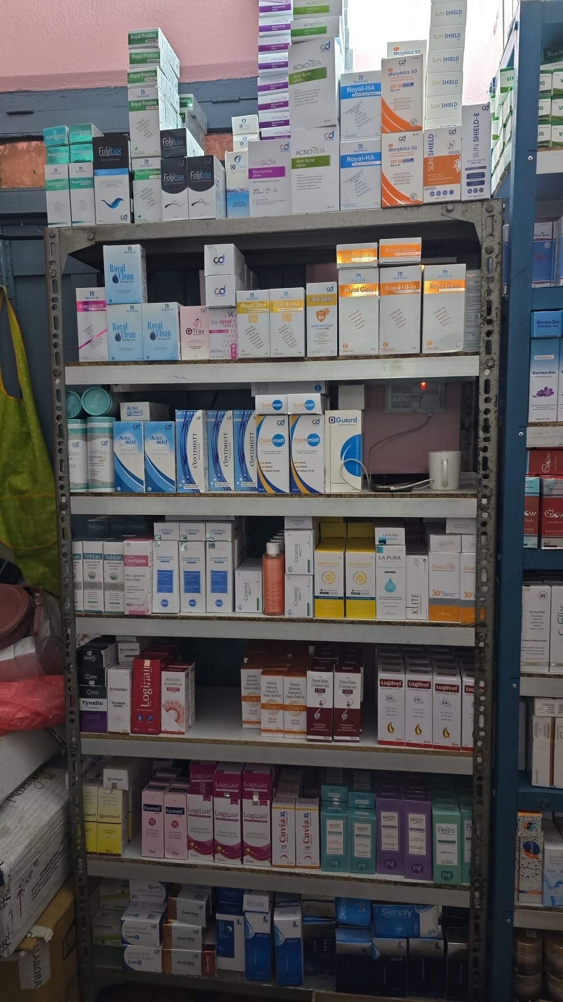 Shelves stocked with skincare brands at Deepika Trade Link